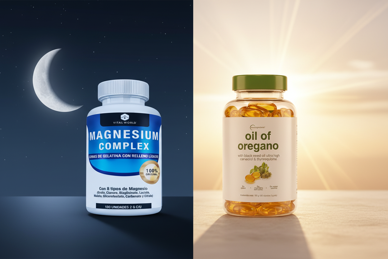 Rutina diaria día y noche con Magnesio Complex y Aceite de Orégano Vital World