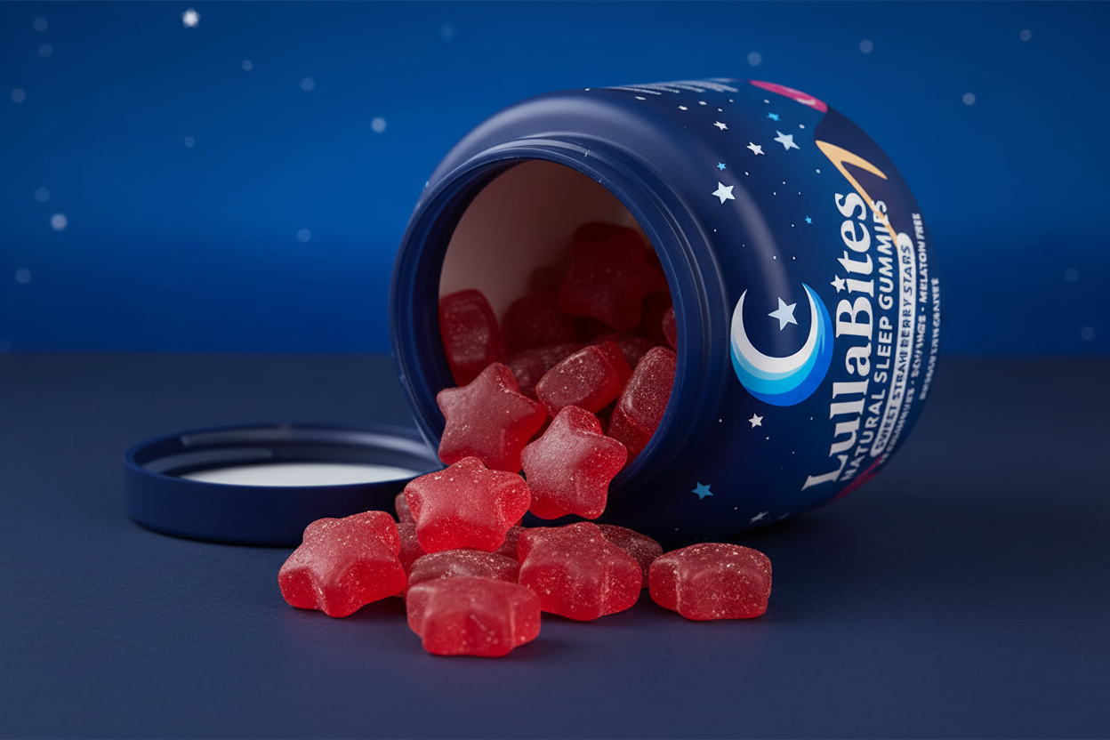 Close-up gomitas estrella sabor fresa LullaBites Natural Sleep Gummies