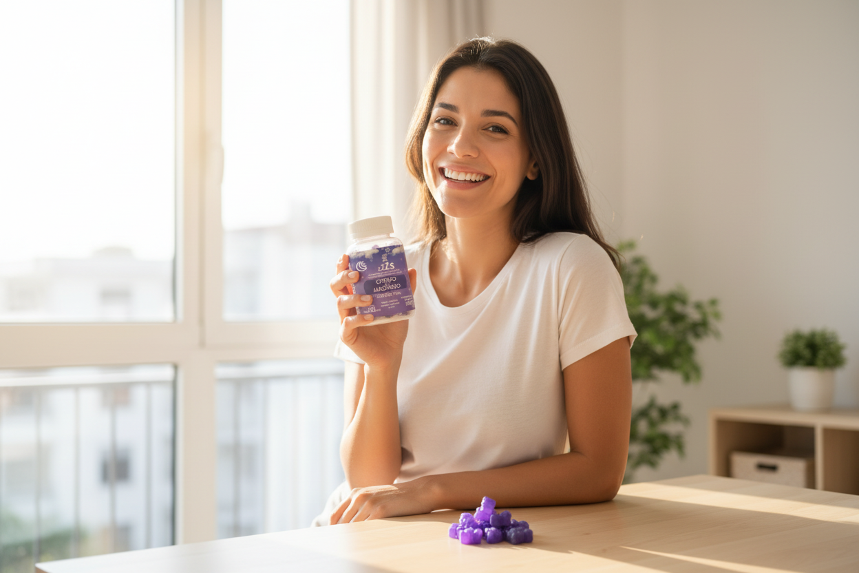 Mujer feliz y descansada con gomitas zZZs Citrato de Magnesio DROPI CUP