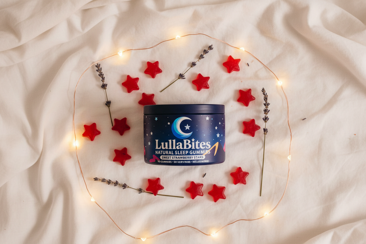 LullaBites Gummies sobre cama con sábanas blancas, gomitas estrella y luces cálidas