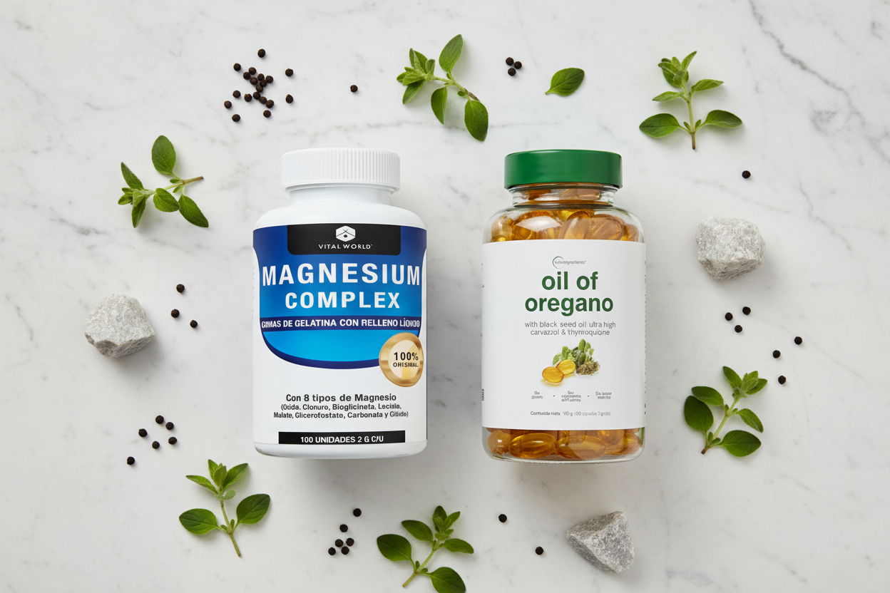 Flat lay ingredientes naturales: hojas de orégano, semilla negra y magnesio con los productos Vital World
