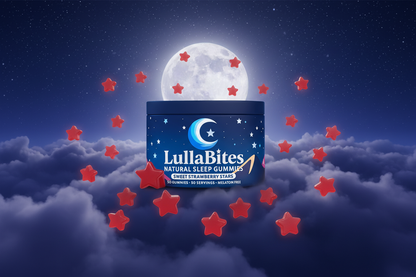 LullaBites Gummies flotando entre nubes y estrellas – sueño natural sin melatonina