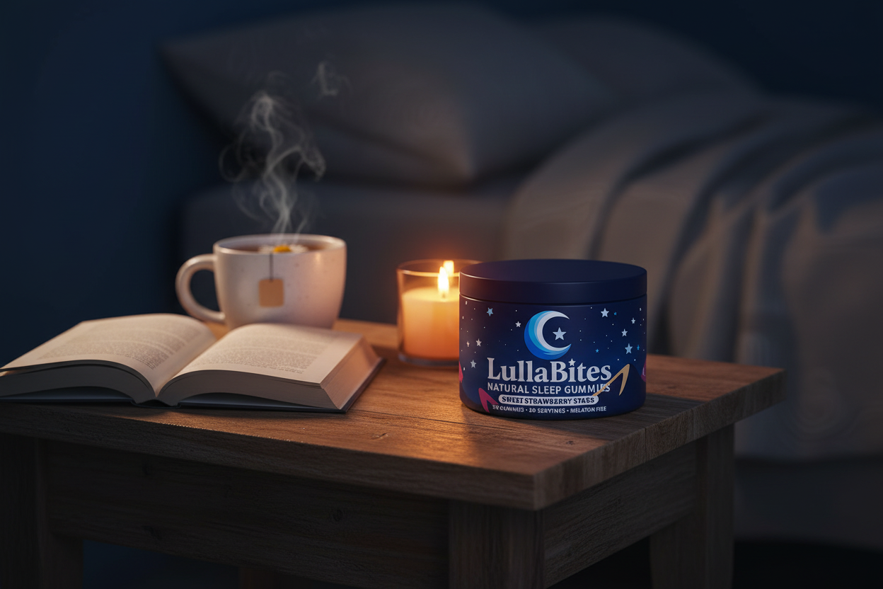 LullaBites Gummies en rutina de autocuidado nocturno con té de manzanilla y vela