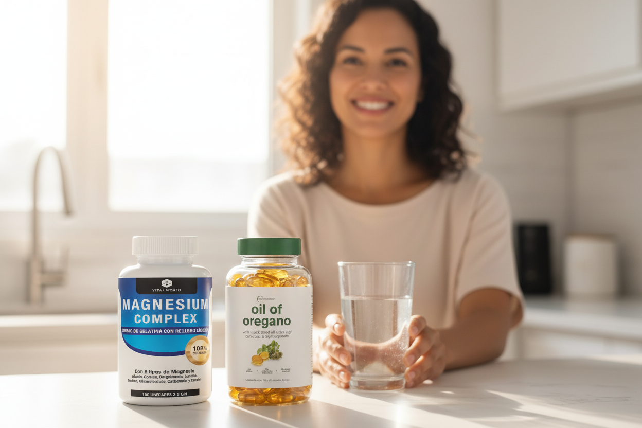 Mujer saludable y feliz con el combo Magnesio Complex y Aceite de Orégano Vital World