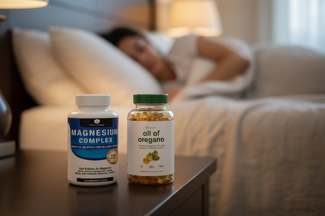Magnesio Complex y Aceite de Orégano Vital World en mesa de noche para mejor descanso