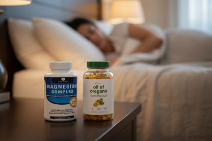 Magnesio Complex y Aceite de Orégano Vital World en mesa de noche para mejor descanso