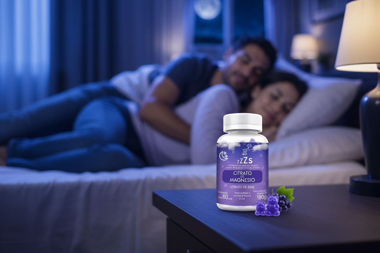 Gomitas zZZs Citrato de Magnesio DROPI CUP en mesa de noche – pareja durmiendo profundo